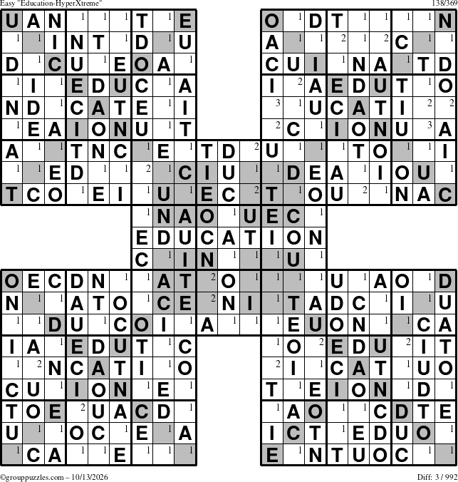 The grouppuzzles.com Easy Education-HyperXtreme puzzle for Tuesday October 13, 2026 with the first 3 steps marked