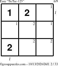 The grouppuzzles.com Easy TicTac-123 puzzle for Tuesday October 13, 2026, suitable for printing, with all 2 steps marked