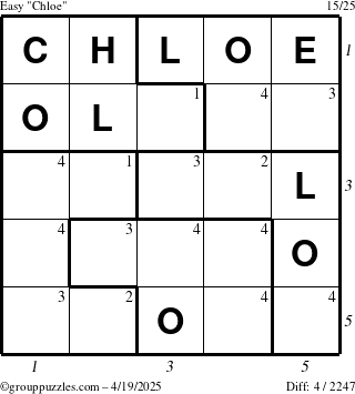 The grouppuzzles.com Easy Chloe puzzle for Saturday April 19, 2025, suitable for printing, with all 4 steps marked
