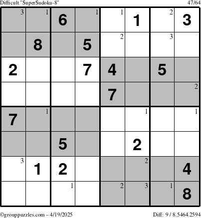 The grouppuzzles.com Difficult SuperSudoku-8 puzzle for Saturday April 19, 2025 with the first 3 steps marked