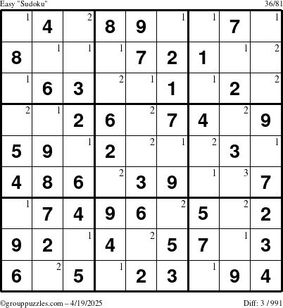 The grouppuzzles.com Easy Sudoku puzzle for Saturday April 19, 2025 with the first 3 steps marked