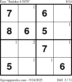 The grouppuzzles.com Easy Sudoku-4-5678 puzzle for Wednesday September 24, 2025 with the first 2 steps marked