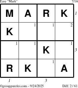 The grouppuzzles.com Easy Mark puzzle for Wednesday September 24, 2025, suitable for printing, with all 2 steps marked
