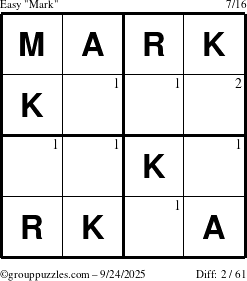 The grouppuzzles.com Easy Mark puzzle for Wednesday September 24, 2025 with the first 2 steps marked