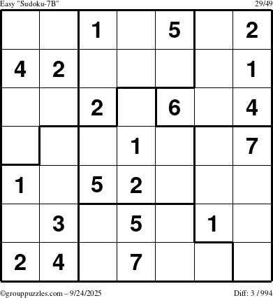 The grouppuzzles.com Easy Sudoku-7B puzzle for Wednesday September 24, 2025