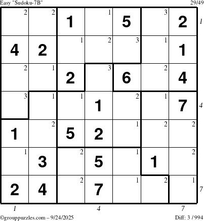 The grouppuzzles.com Easy Sudoku-7B puzzle for Wednesday September 24, 2025, suitable for printing, with all 3 steps marked