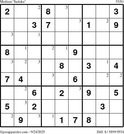 The grouppuzzles.com Medium Sudoku puzzle for Wednesday September 24, 2025 with the first 3 steps marked