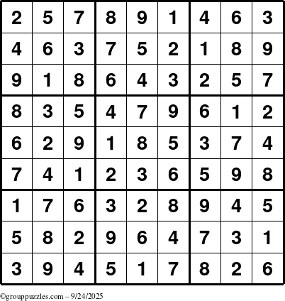 The grouppuzzles.com Answer grid for the Sudoku puzzle for Wednesday September 24, 2025