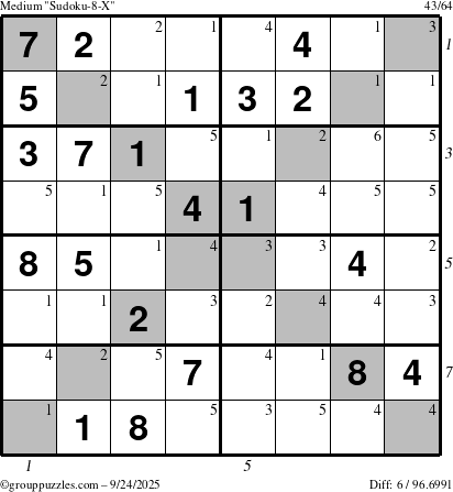 The grouppuzzles.com Medium Sudoku-8-X puzzle for Wednesday September 24, 2025 with all 6 steps marked