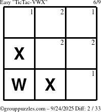 The grouppuzzles.com Easy TicTac-VWX puzzle for Wednesday September 24, 2025 with the first 2 steps marked