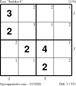 The grouppuzzles.com Easy Sudoku-4 puzzle for Sunday March 1, 2026, suitable for printing, with all 3 steps marked