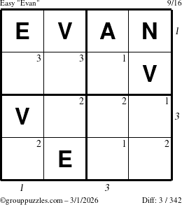 The grouppuzzles.com Easy Evan puzzle for Sunday March 1, 2026 with all 3 steps marked
