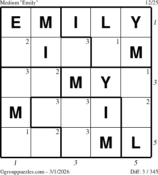 The grouppuzzles.com Medium Emily puzzle for Sunday March 1, 2026, suitable for printing, with all 3 steps marked