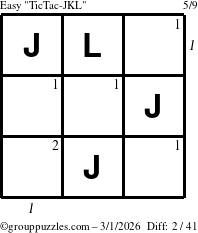 The grouppuzzles.com Easy TicTac-JKL puzzle for Sunday March 1, 2026, suitable for printing, with all 2 steps marked