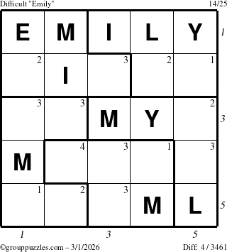 The grouppuzzles.com Difficult Emily puzzle for Sunday March 1, 2026 with all 4 steps marked