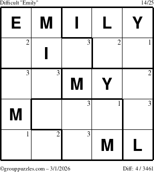 The grouppuzzles.com Difficult Emily puzzle for Sunday March 1, 2026 with the first 3 steps marked