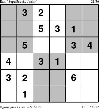The grouppuzzles.com Easy SuperSudoku-Junior puzzle for Sunday March 1, 2026