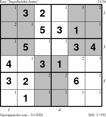 The grouppuzzles.com Easy SuperSudoku-Junior puzzle for Sunday March 1, 2026 with all 3 steps marked