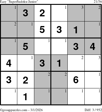 The grouppuzzles.com Easy SuperSudoku-Junior puzzle for Sunday March 1, 2026 with the first 3 steps marked