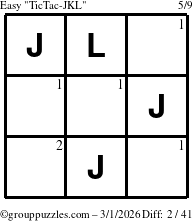 The grouppuzzles.com Easy TicTac-JKL puzzle for Sunday March 1, 2026 with the first 2 steps marked