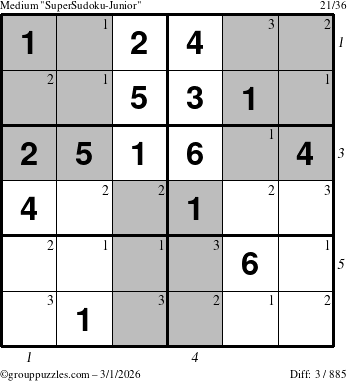 The grouppuzzles.com Medium SuperSudoku-Junior puzzle for Sunday March 1, 2026, suitable for printing, with all 3 steps marked