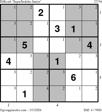 The grouppuzzles.com Difficult SuperSudoku-Junior puzzle for Sunday March 1, 2026, suitable for printing, with all 4 steps marked