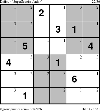 The grouppuzzles.com Difficult SuperSudoku-Junior puzzle for Sunday March 1, 2026 with the first 3 steps marked
