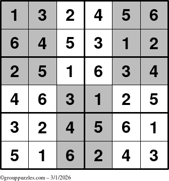 The grouppuzzles.com Answer grid for the SuperSudoku-Junior puzzle for Sunday March 1, 2026