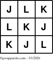 The grouppuzzles.com Answer grid for the TicTac-JKL puzzle for Sunday March 1, 2026