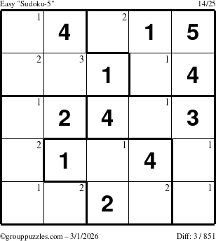 The grouppuzzles.com Easy Sudoku-5 puzzle for Sunday March 1, 2026 with the first 3 steps marked