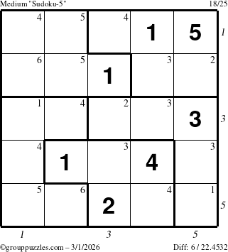 The grouppuzzles.com Medium Sudoku-5 puzzle for Sunday March 1, 2026, suitable for printing, with all 6 steps marked