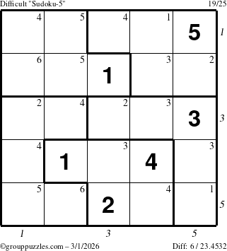 The grouppuzzles.com Difficult Sudoku-5 puzzle for Sunday March 1, 2026 with all 6 steps marked