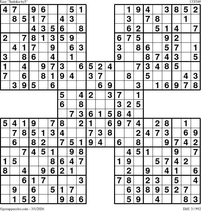 The grouppuzzles.com Easy Sudoku-by5 puzzle for Sunday March 1, 2026