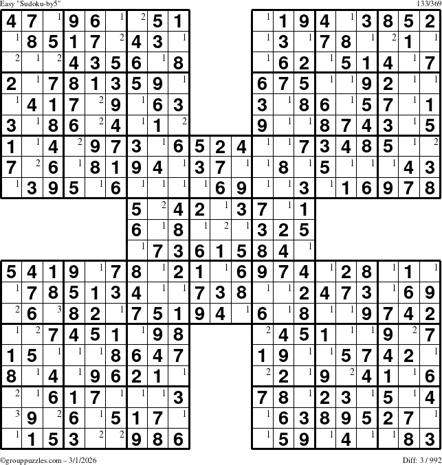The grouppuzzles.com Easy Sudoku-by5 puzzle for Sunday March 1, 2026 with the first 3 steps marked