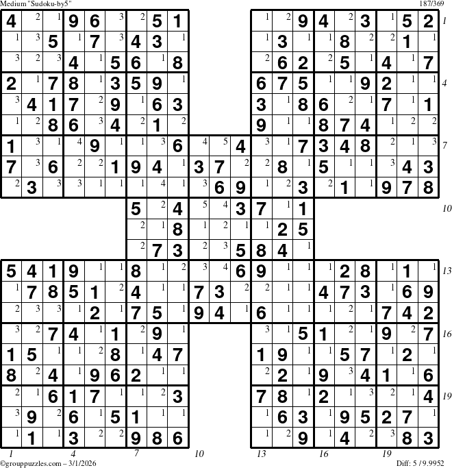 The grouppuzzles.com Medium Sudoku-by5 puzzle for Sunday March 1, 2026, suitable for printing, with all 5 steps marked