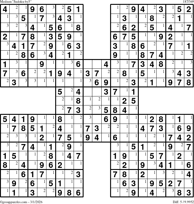 The grouppuzzles.com Medium Sudoku-by5 puzzle for Sunday March 1, 2026 with the first 3 steps marked