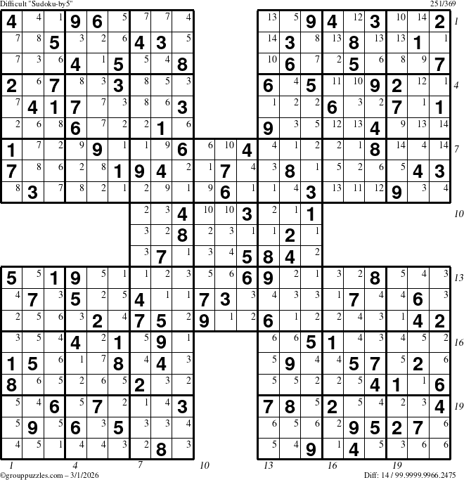 The grouppuzzles.com Difficult Sudoku-by5 puzzle for Sunday March 1, 2026 with all 14 steps marked