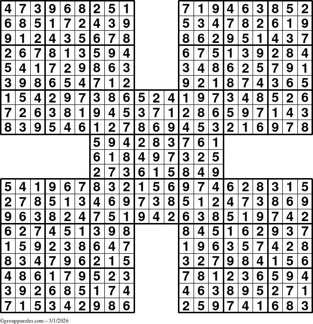 The grouppuzzles.com Answer grid for the Sudoku-by5 puzzle for Sunday March 1, 2026