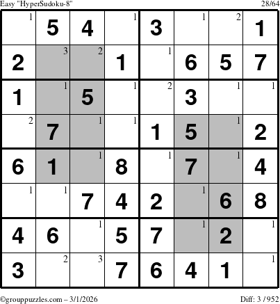The grouppuzzles.com Easy HyperSudoku-8 puzzle for Sunday March 1, 2026 with the first 3 steps marked