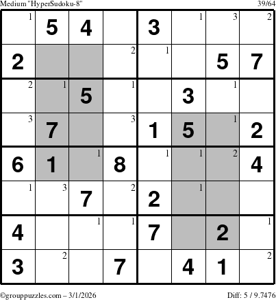 The grouppuzzles.com Medium HyperSudoku-8 puzzle for Sunday March 1, 2026 with the first 3 steps marked