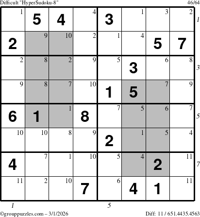 The grouppuzzles.com Difficult HyperSudoku-8 puzzle for Sunday March 1, 2026, suitable for printing, with all 11 steps marked