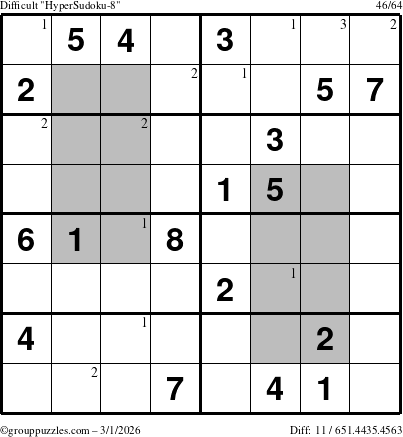 The grouppuzzles.com Difficult HyperSudoku-8 puzzle for Sunday March 1, 2026 with the first 3 steps marked