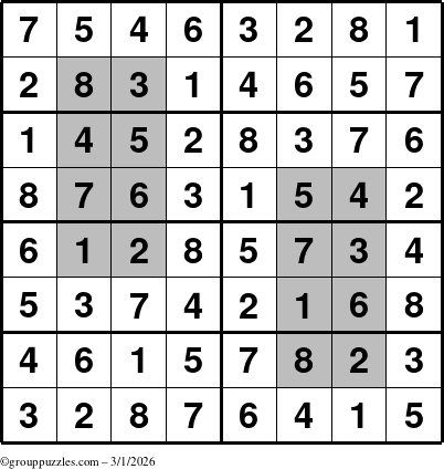 The grouppuzzles.com Answer grid for the HyperSudoku-8 puzzle for Sunday March 1, 2026