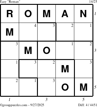 The grouppuzzles.com Easy Roman puzzle for Saturday September 27, 2025 with all 4 steps marked