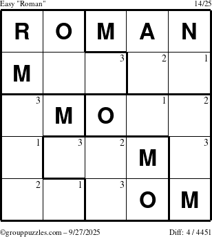 The grouppuzzles.com Easy Roman puzzle for Saturday September 27, 2025 with the first 3 steps marked