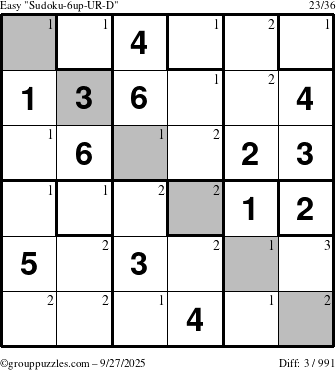 The grouppuzzles.com Easy Sudoku-6up-UR-D puzzle for Saturday September 27, 2025 with the first 3 steps marked