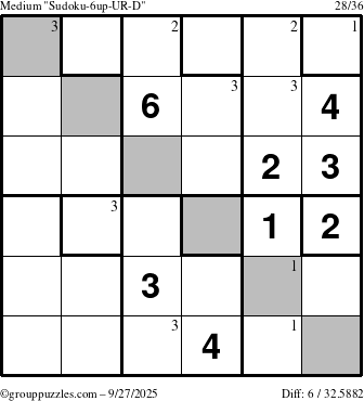 The grouppuzzles.com Medium Sudoku-6up-UR-D puzzle for Saturday September 27, 2025 with the first 3 steps marked