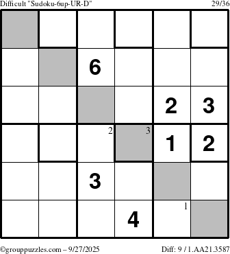 The grouppuzzles.com Difficult Sudoku-6up-UR-D puzzle for Saturday September 27, 2025 with the first 3 steps marked