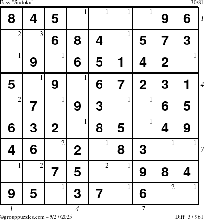 The grouppuzzles.com Easy Sudoku puzzle for Saturday September 27, 2025, suitable for printing, with all 3 steps marked