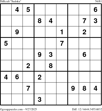 The grouppuzzles.com Difficult Sudoku puzzle for Saturday September 27, 2025